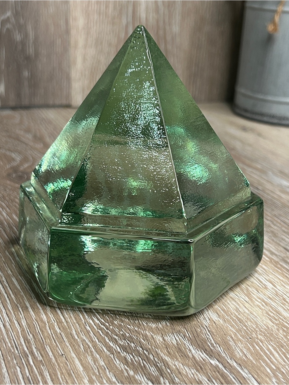 Vintage Solid Green Glass Hexagon Deck Prism Paperweight